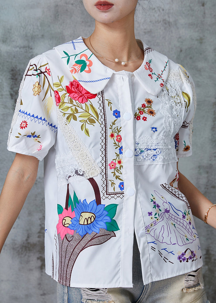 Style White Print Patchwork Lace Shirt Top Summer