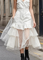 Style White Ruffled Patchwork Tulle Denim Holiday Dress Summer