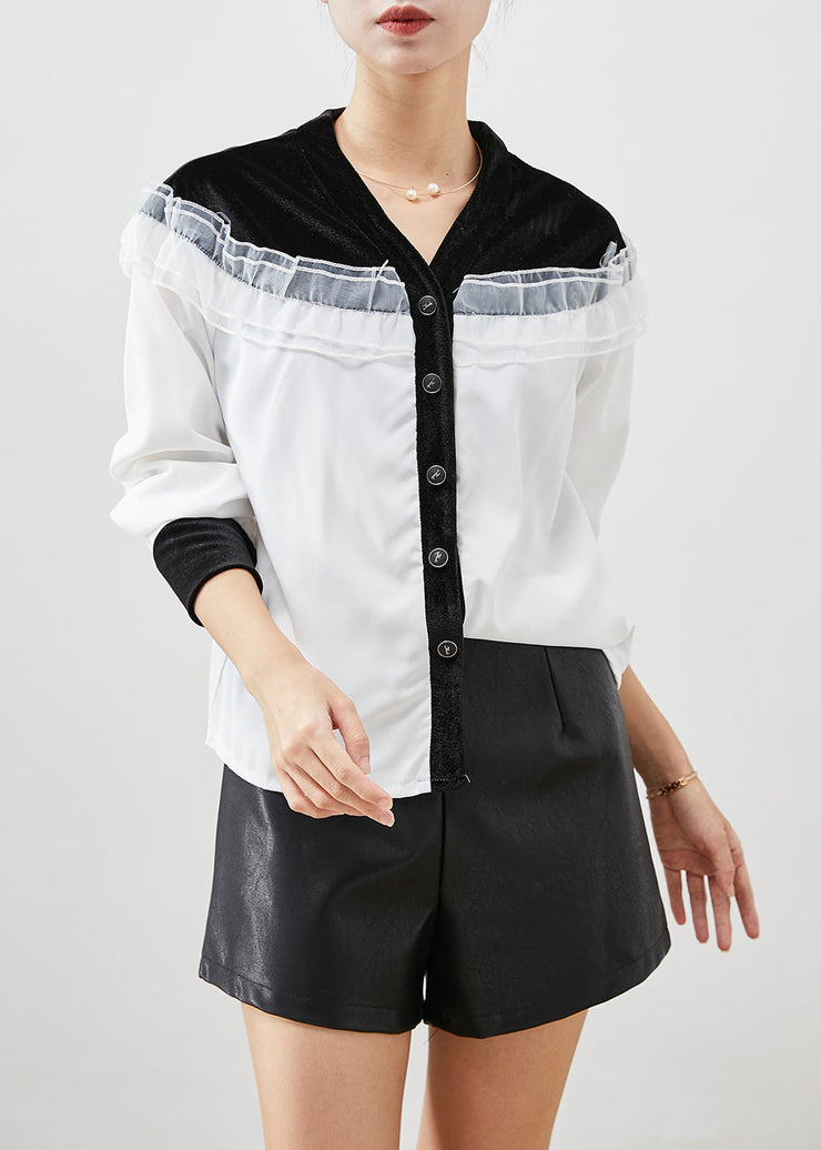 Style White Ruffled Patchwork Velour Spandex Shirt Top Fall