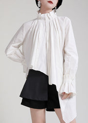 Style White Stand Collar Asymmetrical Wrinkled Cotton Shirts Long Sleeve