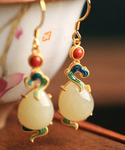 Style White Sterling Silver Jade Agate Enamel Xiangyun Drop Earrings