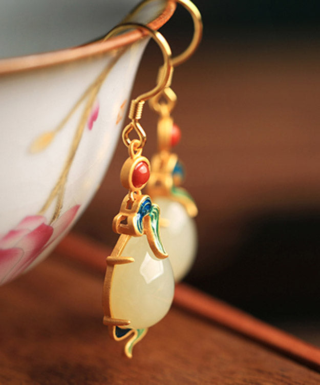 Style White Sterling Silver Jade Agate Enamel Xiangyun Drop Earrings