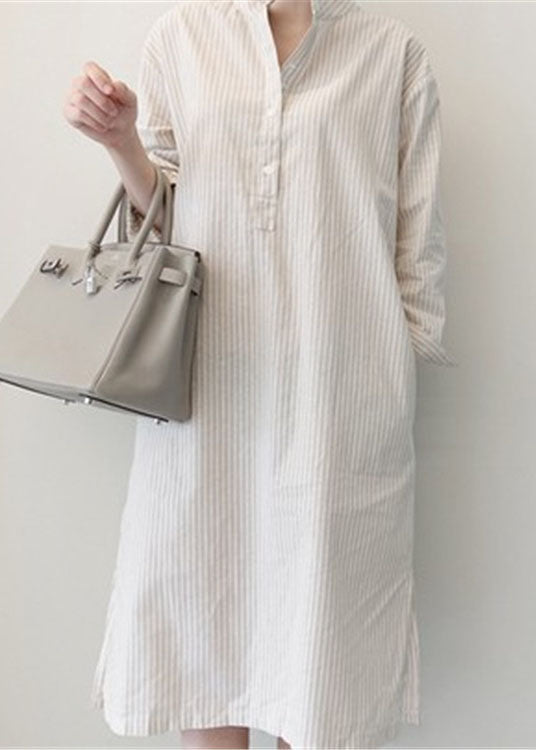 Style White Striped Patchwork Cotton Shirts Dress Spring