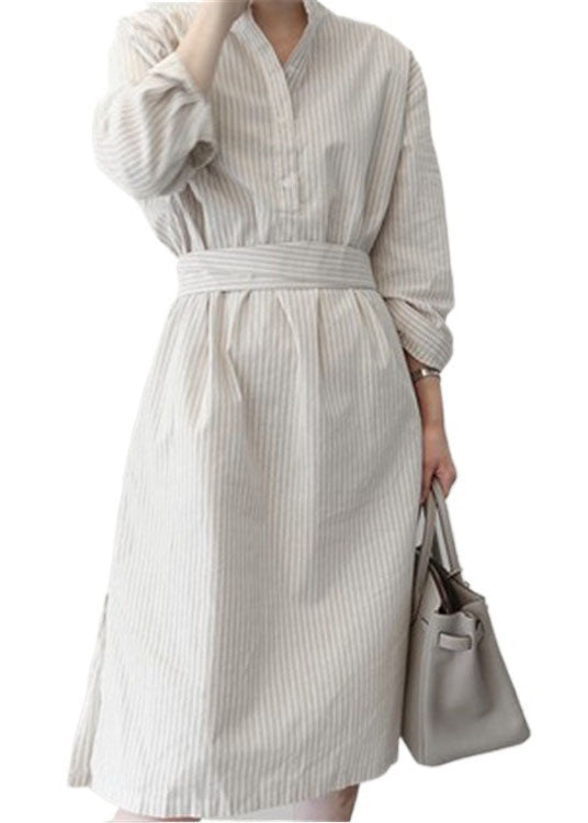 Style White Striped Patchwork Cotton Shirts Dress Spring