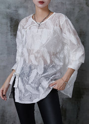 Style White Tasseled Feather Embroidered Silk Shirts Summer