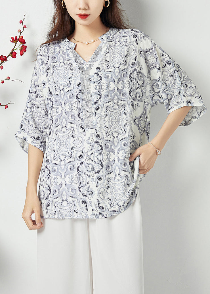 Style White V Neck Oversized Print Chiffon Shirts Summer