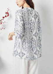 Style White V Neck Oversized Print Chiffon Shirts Summer