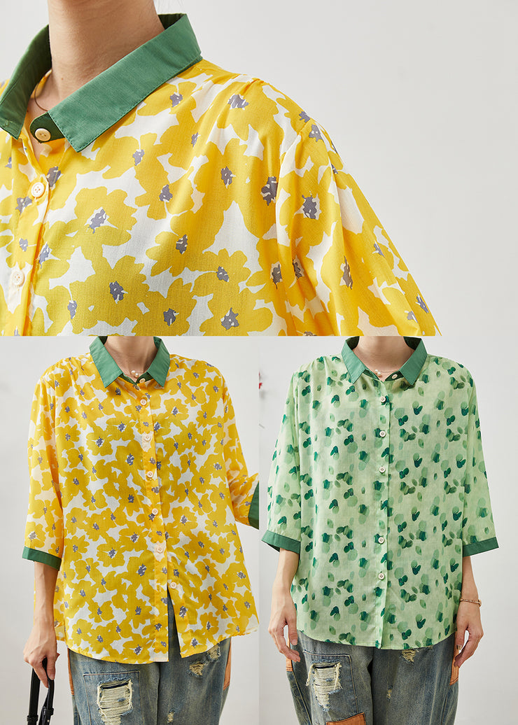 Style Yellow Oversized Print Linen Shirt Tops Bracelet Sleeve