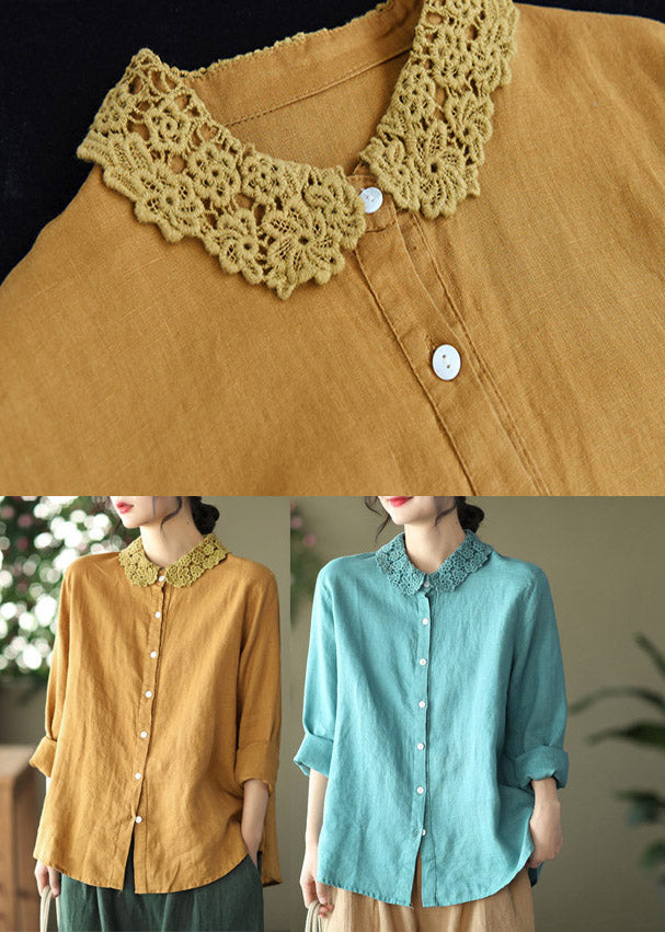 Style Yellow Peter Pan Collar Embroideried Linen Shirts Long Sleeve