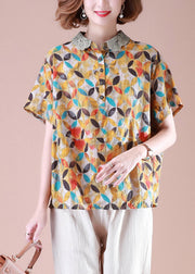 Style Yellow Peter Pan Collar Print Lace Patchwork Linen Top Summer