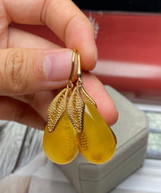 Style Yellow Sterling Silver Overgild Inlaid Beeswax Amberr Water Drop Drop Earrings