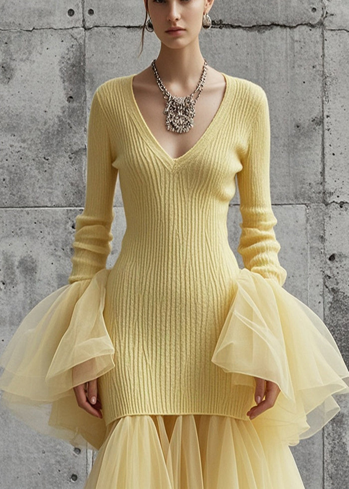 Style Yellow V Neck Patchwork Tulle Knitwear Dress Flare Sleeve