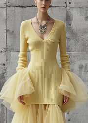 Style Yellow V Neck Patchwork Tulle Knitwear Dress Flare Sleeve