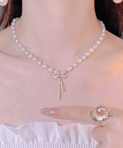 Stylish Alloy Pearl Zircon Bow Graduated Bead Necklace