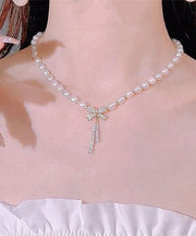 Stylish Alloy Pearl Zircon Bow Graduated Bead Necklace