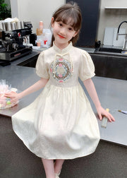 Stylish Apricot Embroideried Patchwork Button Girls Long Dress Summer