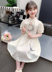 Stylish Apricot Embroideried Patchwork Button Girls Long Dress Summer