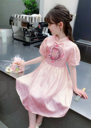 Stylish Apricot Embroideried Patchwork Button Girls Long Dress Summer