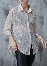 Stylish Apricot Sequins Tasseled Tulle Shirt Top Summer