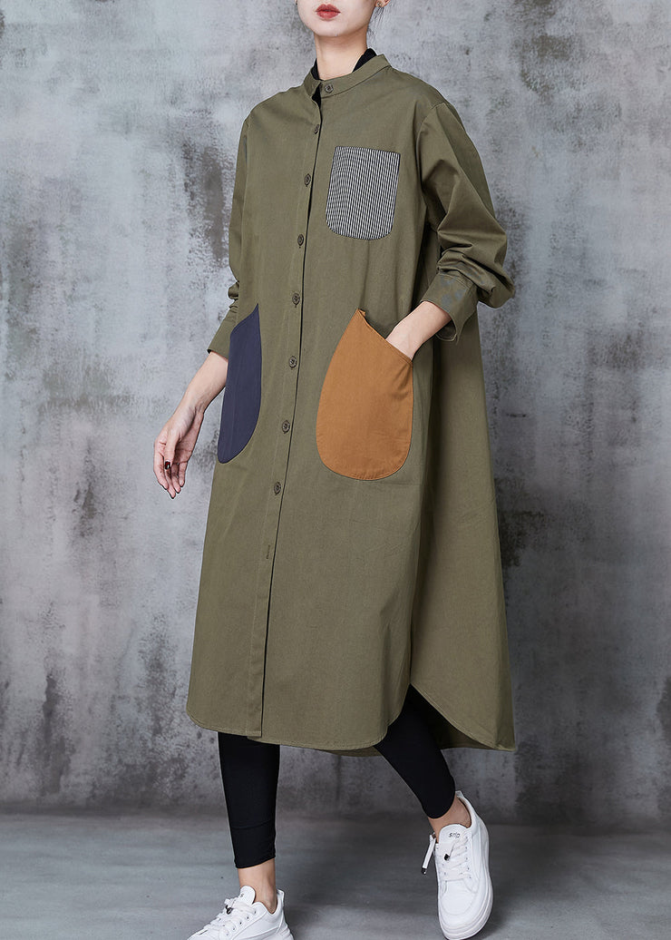 Stylish Army Green Oversized Patchwork Cotton Shirt Dress Spring