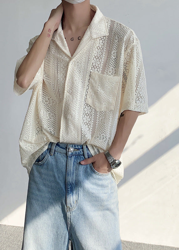 Stylish Beige Button Hollow Out Lace Mens Shirts Summer