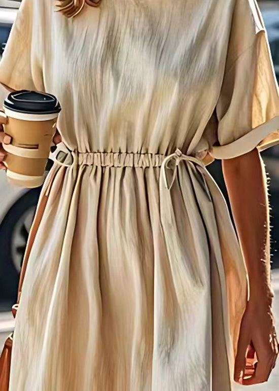 Stylish Beige O Neck Drawstring Patchwork Linen Dresses Summer