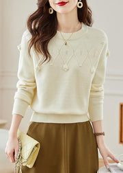 Stylish Beige O Neck Hollow Out Knit Sweater Fall