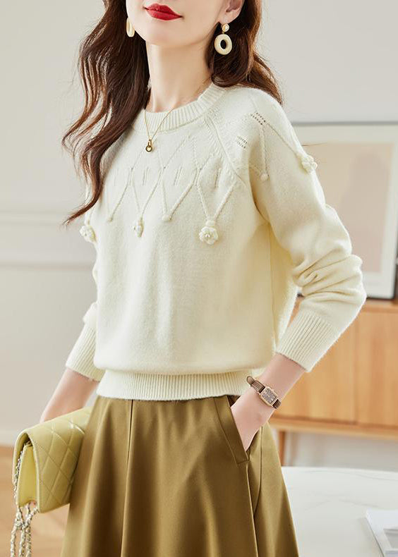 Stylish Beige O Neck Hollow Out Knit Sweater Fall