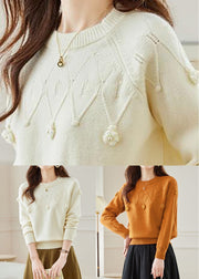 Stylish Beige O Neck Hollow Out Knit Sweater Fall