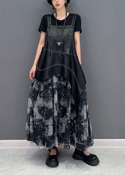 Stylish Black Asymmetrical Patchwork Exra Large Hem Chiffon Strap Dress Summer