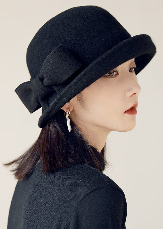 Stylish Black Bow Edge Curl Woolen Cloche Hat