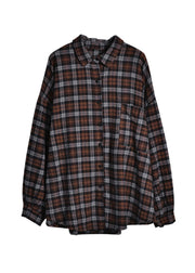 Stylish Black Chocolate Plaid Peter Pan Collar Low High Design Cotton Shirt Long Sleeve