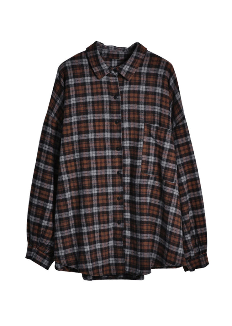 Stylish Black Chocolate Plaid Peter Pan Collar Low High Design Cotton Shirt Long Sleeve