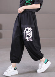 Stylish Black Elastic Waist Pockets Letter Print Cotton Streetwear Harem Pants Summer