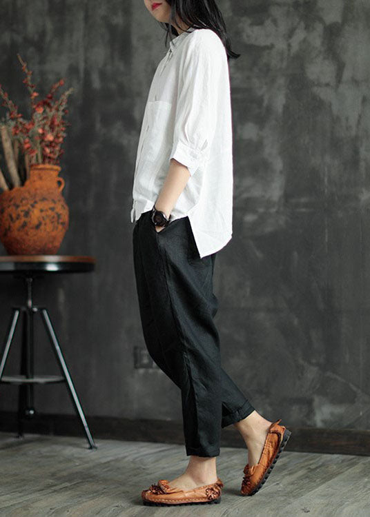 Stylish Black Elastic Waist Pockets Linen Harem Pants Summer