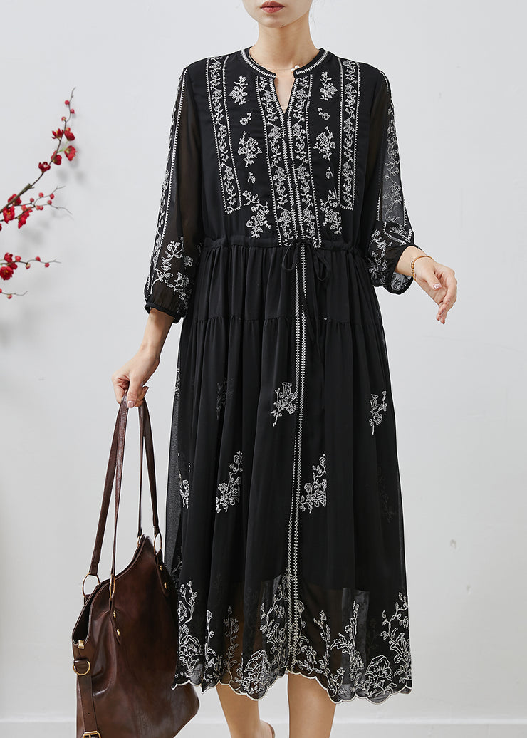 Stylish Black Embroidered Chiffon Cinched Dresses Summer