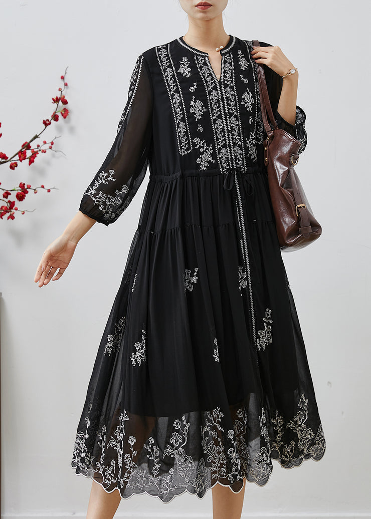 Stylish Black Embroidered Chiffon Cinched Dresses Summer