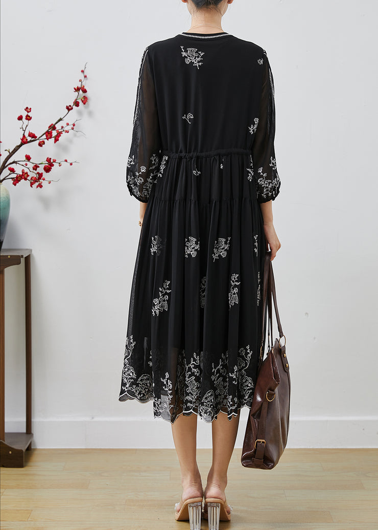 Stylish Black Embroidered Chiffon Cinched Dresses Summer