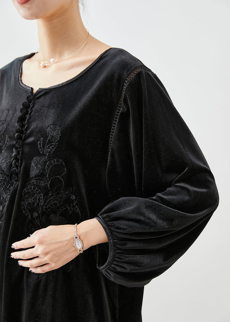 Stylish Black Embroideried Oversized Silk Velour Blouse Top Fall