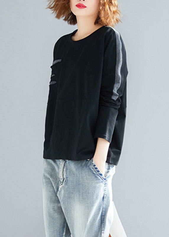 Stylish Black O-Neck Patchwork Ripped Cotton Sweatshirts Tops Spring