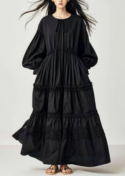 Stylish Black Oversized Cotton Long Dresses Lantern Sleeve