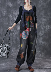 Stylish Black Oversized Patchwork Applique Denim Overalls Jumpsuit Spring