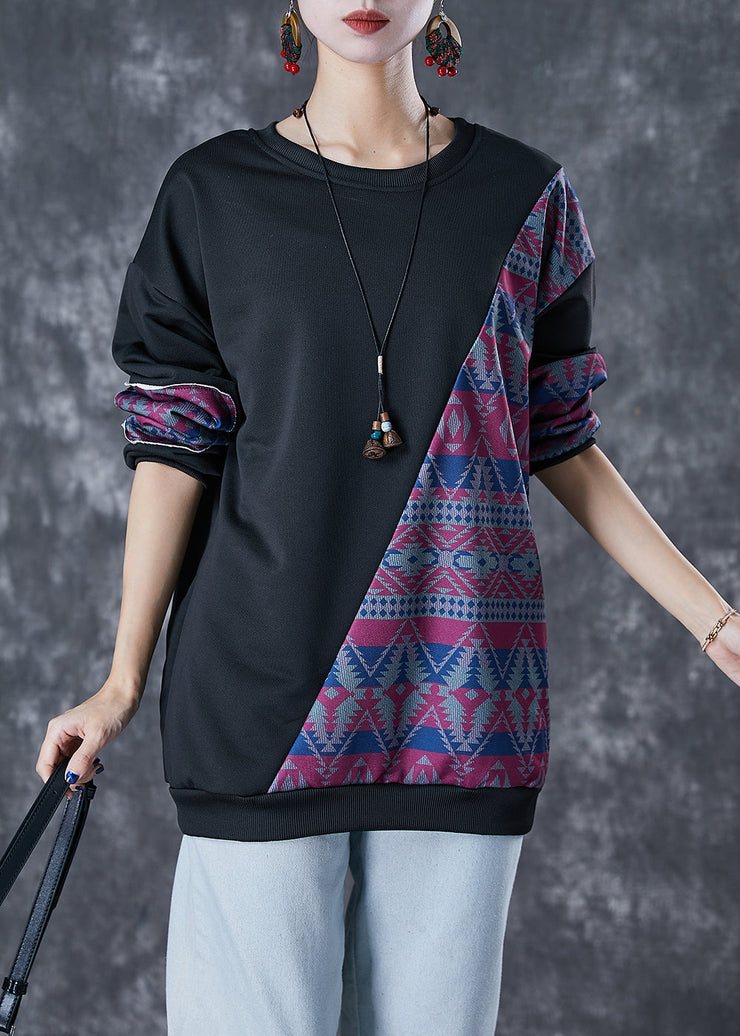 Stylish Black Oversized Patchwork Cotton Sweatshirt Streetwear Fall