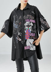 Stylish Black Oversized Patchwork Print Cotton Shirt Top Puff Sleeve