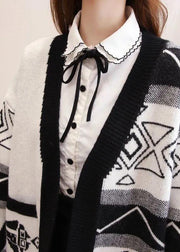 Stylish Black Oversized Patchwork Print Knit Loose Cardigans Winter