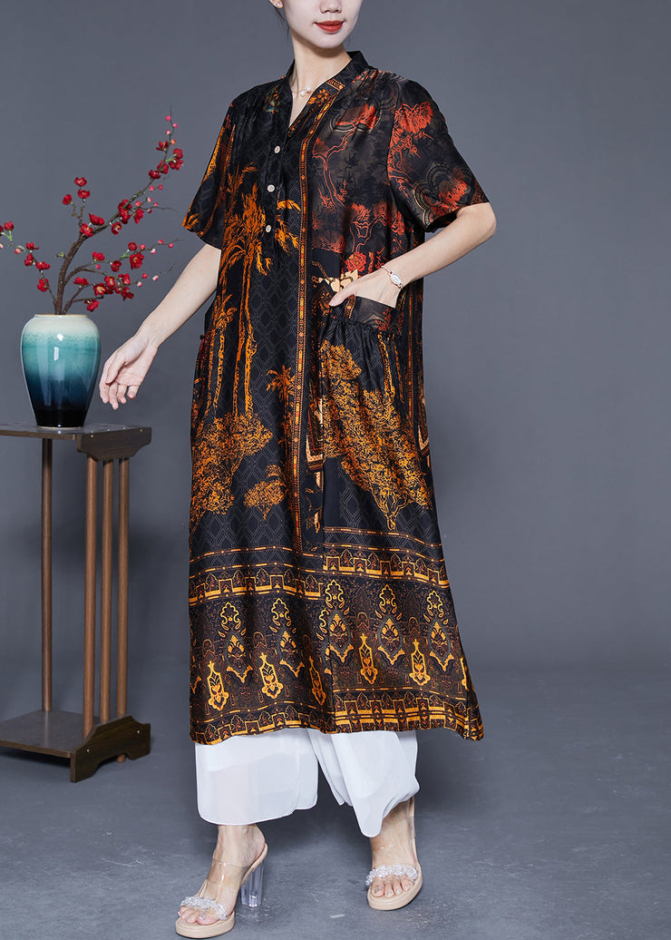 Stylish Black Oversized Print Pockets Silk Long Dress Summer