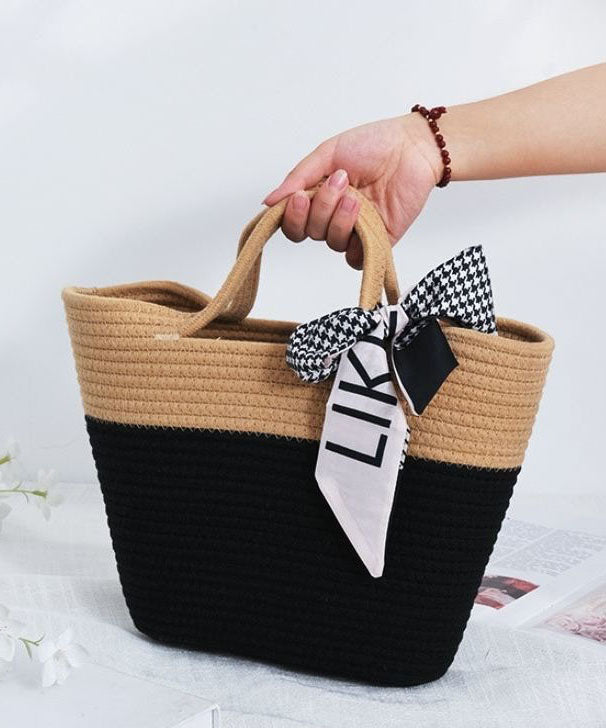 Stylish Black Patchwork Knit Fabric Cotton Beach Tote Handbag