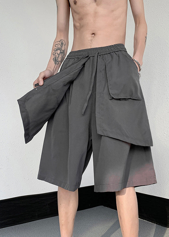 Stylish Black Patchwork Tie Waist Men Wide Leg Pants Summer