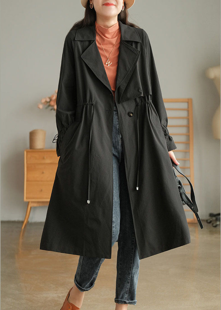 Stylish Black Peter Pan Collar Drawstring Cotton Trench Coat Outwear Fall