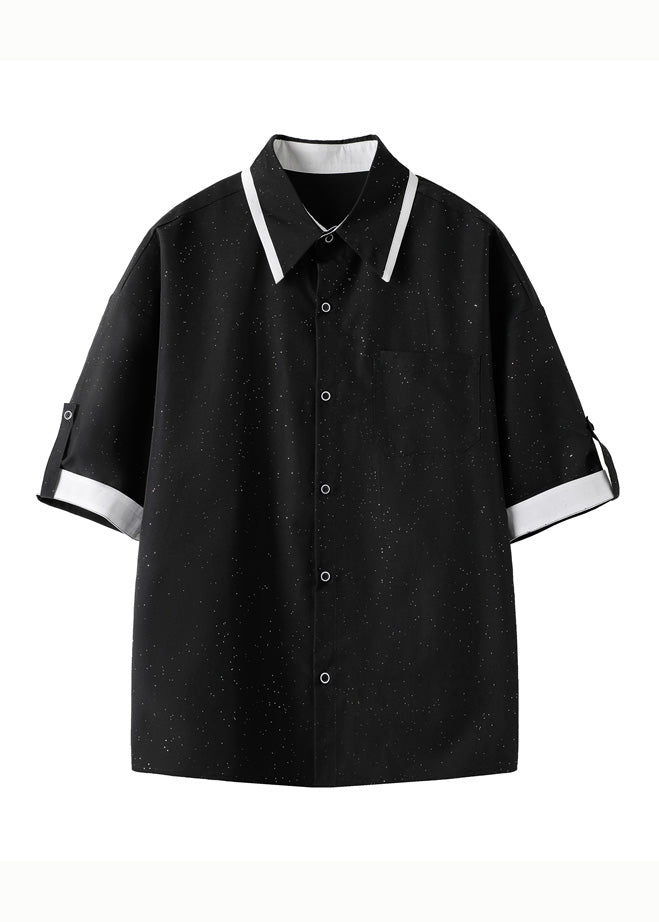 Stylish Black Peter Pan Collar Patchwork Cotton Men Shirts Summer